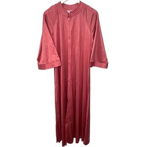 Vintage 70s Gilead Mauve Pink Maxi Gown 1/2 Zip Size S Satin House Dress 55"
